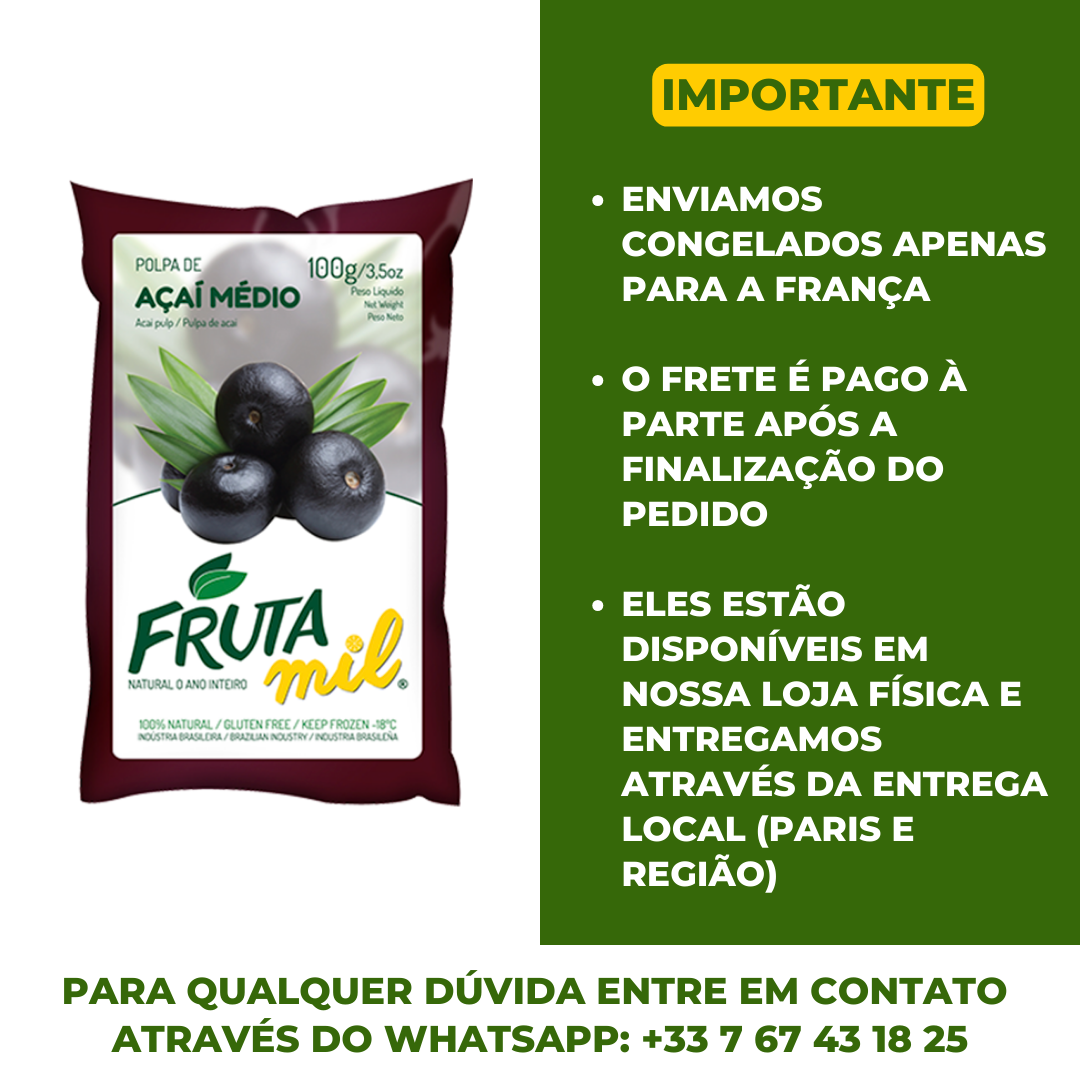 Pulpe d'acai congelée (300ml) Polpa de Açaí  - FRUTA MIL (Congelado - Frete pago à parte após a conclusão do pedido no site)